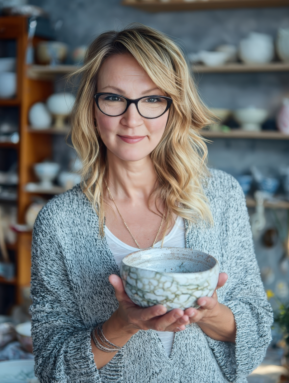 Woman holding a ceramic bowl in a pottery studio