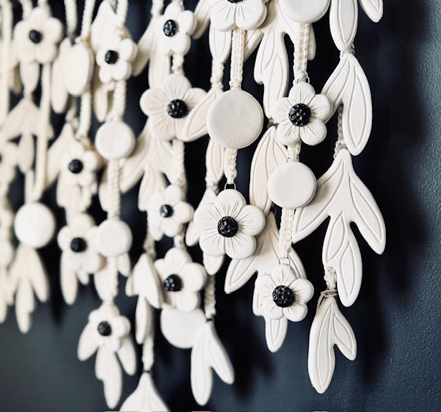 Decorative wall hanging with white floral and circular patterns on a dark background