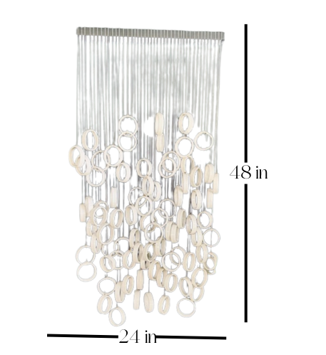 Decorative wall hanging with circular elements and measurements on a white background